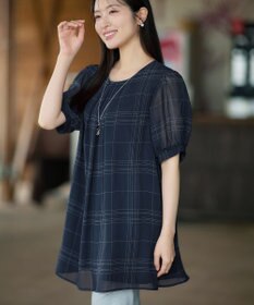 Tiaclasse L シフォンチェックパフスリーブチュニック