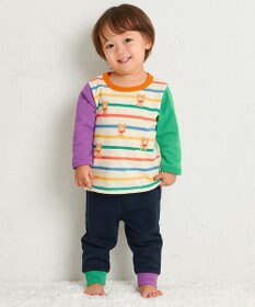 MIKI HOUSE HOT BISCUITS 【80-120cm】 ボーダー柄 ミニ裏毛パイル素材 腹巻き付き長袖パジャマ