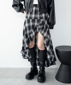 WEGO チェックアシンメトリーフリルロングスカート
