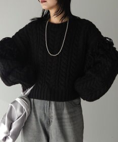 Green Parks フリンジスリーブショート丈ケーブルニット