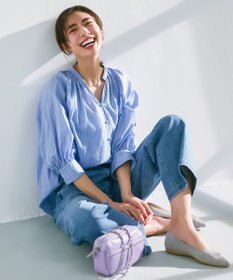 UNFILO ストライプレース ギャザーブラウス