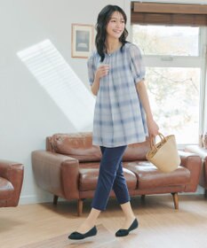 Tiaclasse L シフォンチェックパフスリーブチュニック