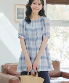 Tiaclasse L シフォンチェックパフスリーブチュニック
