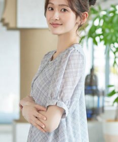 Tiaclasse L シフォンチェックパフスリーブチュニック