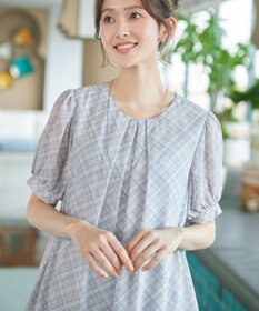 Tiaclasse L シフォンチェックパフスリーブチュニック