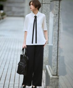 ICB 【先行予約・WEB限定カラーあり】マラボーテライトジョーゼット 半袖ボウタイ付きシャツカラートップス