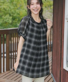 Tiaclasse L シフォンチェックパフスリーブチュニック
