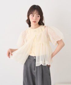 earth music&ecology ＳＥＴ２点チュールバルーンブラウス＋ロゴタンク