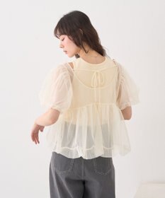 earth music&ecology ＳＥＴ２点チュールバルーンブラウス＋ロゴタンク