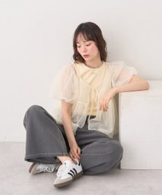 earth music&ecology ＳＥＴ２点チュールバルーンブラウス＋ロゴタンク