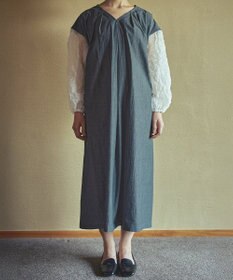 muuc キャッチ袖ワンピース〈日本製〉〈上品な透け感〉〈ベルト付きでAラインも〉〈体型カバー・フリーサイズ〉〈モードな異素材・オーガニックコットン使用〉