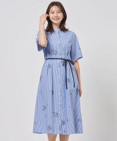 J.PRESS LADIES 【一枚で着映え】ストライプ×フラワープリント ワンピース ネイビーストライプ系