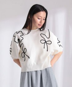 Green Parks ・ＥＬＥＮＣＡＲＥ　ＤＵＥ　ライン刺繍５分袖ニット