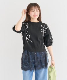 Green Parks ・ＥＬＥＮＣＡＲＥ　ＤＵＥ　ライン刺繍５分袖ニット