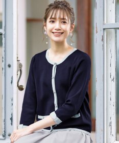 Tiaclasse 【洗える】配色使い総針袖リボンカーデ