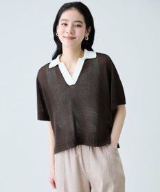 ANY ラミータッチバイカラーポロ衿スキッパーニット