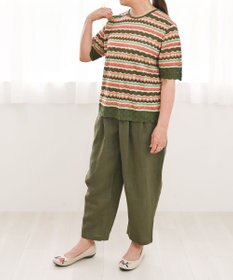 muuc 〈高品質シルク100%〉透かしレース編み シルクマルチボーダー半袖プルオーバー