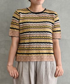 muuc 〈高品質シルク100%〉透かしレース編み シルクマルチボーダー半袖プルオーバー