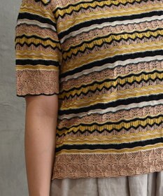 muuc 〈高品質シルク100%〉透かしレース編み シルクマルチボーダー半袖プルオーバー