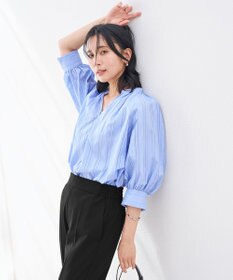 UNFILO ストライプレース ギャザーブラウス