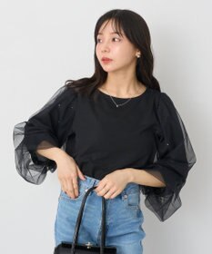 earth music&ecology キラキラストーンパールチュールスリーブプルオーバー