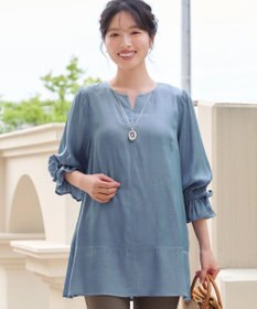 Tiaclasse L デニム調リボン袖チュニック