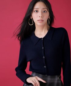 ANY SIS CICA加工 襟デザイン ニット ネイビー