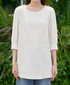 Tiaclasse L 【洗える】フラワーJQ袖シフォンチュニック