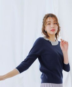 Tiaclasse 【洗える】配色衿ビジュー付きニットトップス