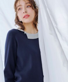 Tiaclasse 【洗える】配色衿ビジュー付きニットトップス