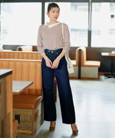 Tiaclasse 【洗える】配色衿ビジュー付きニットトップス