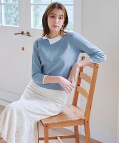 Tiaclasse 【洗える】配色衿ビジュー付きニットトップス