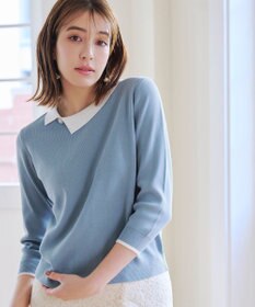 Tiaclasse 【洗える】配色衿ビジュー付きニットトップス
