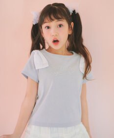 ANY KIDS 【綿100%】肩リボン×ラインストーンロゴ 半袖Tシャツ