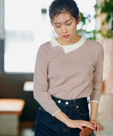 Tiaclasse 【洗える】配色衿ビジュー付きニットトップス