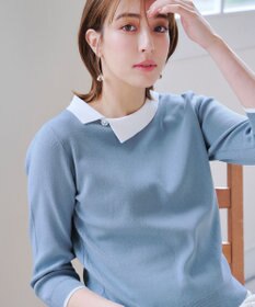 Tiaclasse 【洗える】配色衿ビジュー付きニットトップス