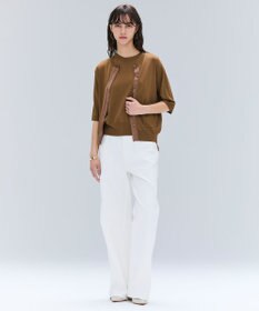 BEIGE， 【洗える】VALOIS / ジョーゼットトリム半袖カーディガン