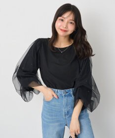 earth music&ecology キラキラストーンパールチュールスリーブプルオーバー