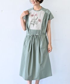 muuc 〈遠州織物〉ウエスト紐付き フレンチスリーブ ポピーの花刺繍 ワンピース