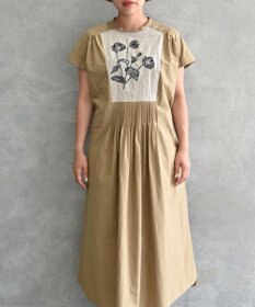 muuc 〈遠州織物〉ウエスト紐付き フレンチスリーブ ポピーの花刺繍 ワンピース