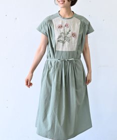 muuc 〈遠州織物〉ウエスト紐付き フレンチスリーブ ポピーの花刺繍 ワンピース