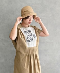 muuc 〈遠州織物〉ウエスト紐付き フレンチスリーブ ポピーの花刺繍 ワンピース