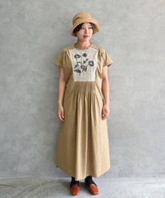 muuc 〈遠州織物〉ウエスト紐付き フレンチスリーブ ポピーの花刺繍 ワンピース