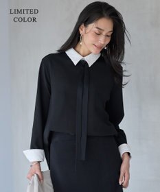 ICB L 【WEB限定カラーあり】マラボーテＷジョーゼット ボウタイ付きシャツカラートップス ブラック×レース襟［WEB限定］