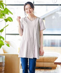 Tiaclasse 【洗える】体型カバーも叶うアシンメトリーストライプチュニックブラウス