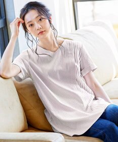 Tiaclasse 【洗える】体型カバーも叶うアシンメトリーストライプチュニックブラウス