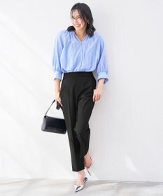 UNFILO ストライプレース ギャザーブラウス