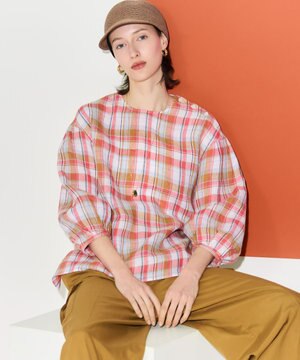  【先行予約】LIBECOリネン チェック ボリュームスリーブ ブラウス