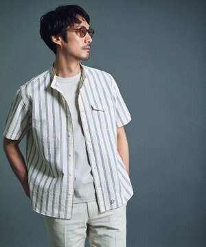  風が通るシアサッカーの清涼感【吸水速乾 / 高通気性】【クールマックス】サッカ－マルチストライプ シャツ / バンドカラー