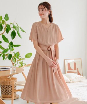  【洗える】花びらスリーブベルト付きワンピース